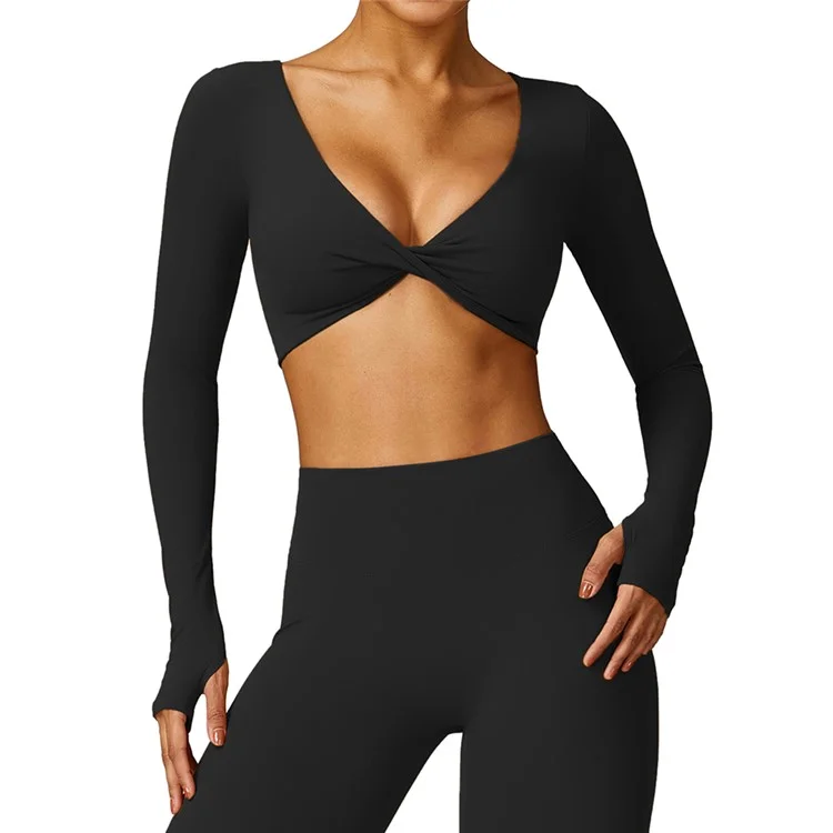 8552 Yoga Crop Top for Women Long Sleeve Slim Fit Padded Twist Front Deep V Neck Crop T Shirt - Black  /  L