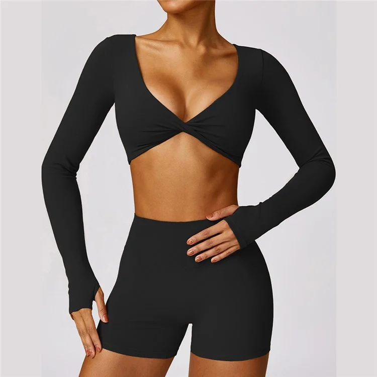 8552 Yoga Crop Top for Women Long Sleeve Slim Fit Padded Twist Front Deep V Neck Crop T Shirt - Black  /  L