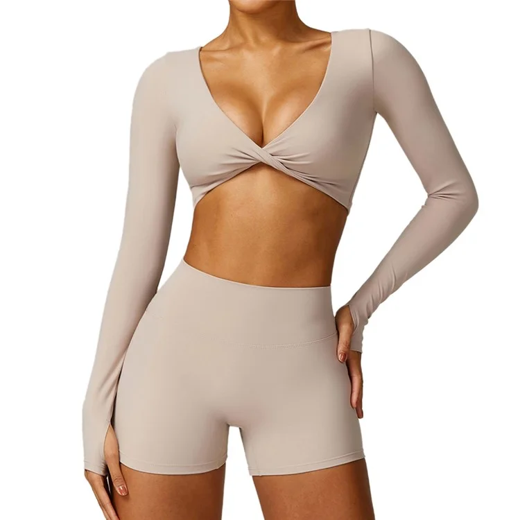 8552 Yoga Crop Top for Women Long Sleeve Slim Fit Padded Twist Front Deep V Neck Crop T Shirt - Linen  /  XL