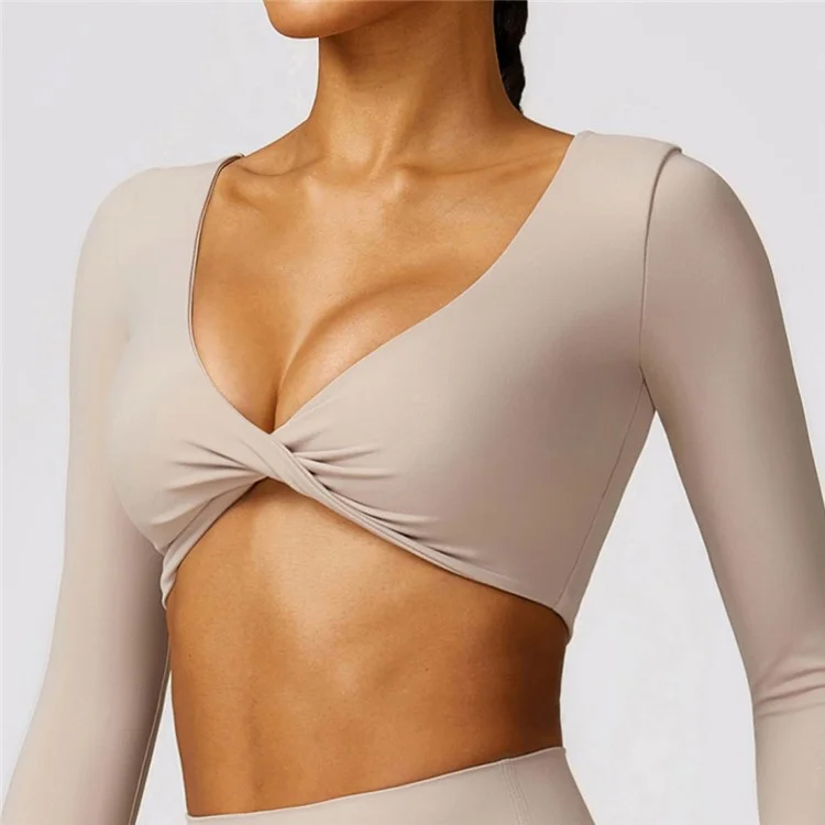 8552 Yoga Crop Top for Women Long Sleeve Slim Fit Padded Twist Front Deep V Neck Crop T Shirt - Linen  /  XL