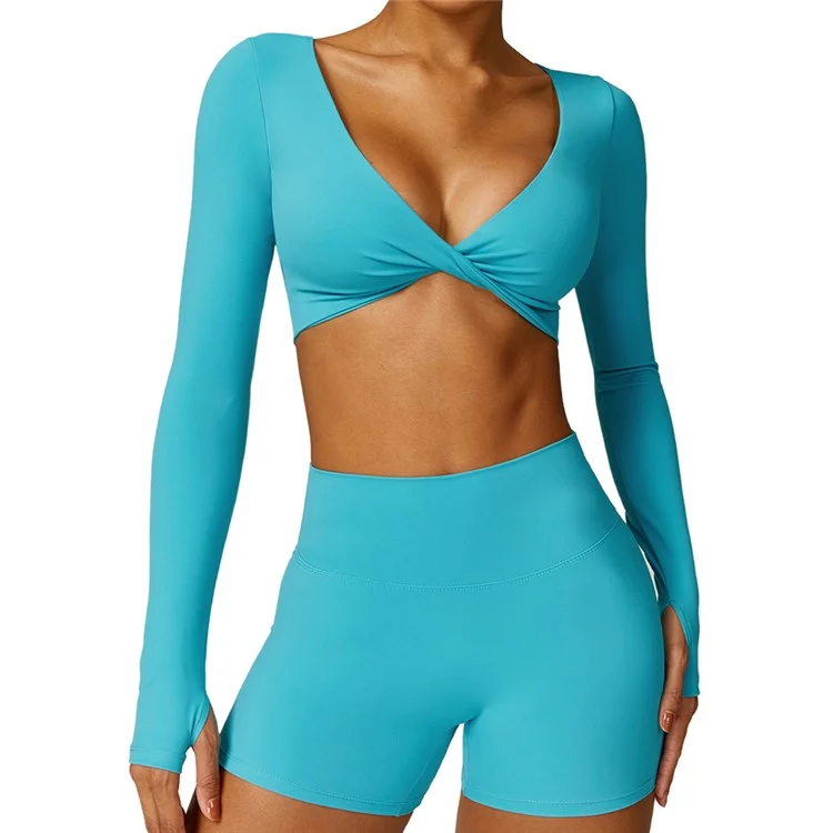 8552 Yoga Crop Top for Women Long Sleeve Slim Fit Padded Twist Front Deep V Neck Crop T Shirt - Lake Blue  /  S
