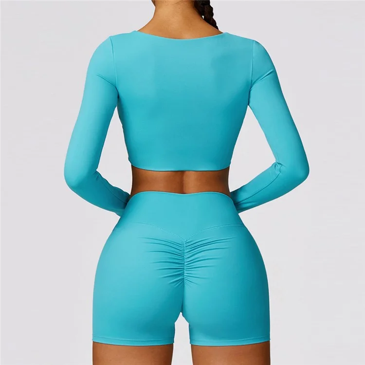 8552 Yoga Crop Top for Women Long Sleeve Slim Fit Padded Twist Front Deep V Neck Crop T Shirt - Lake Blue  /  S