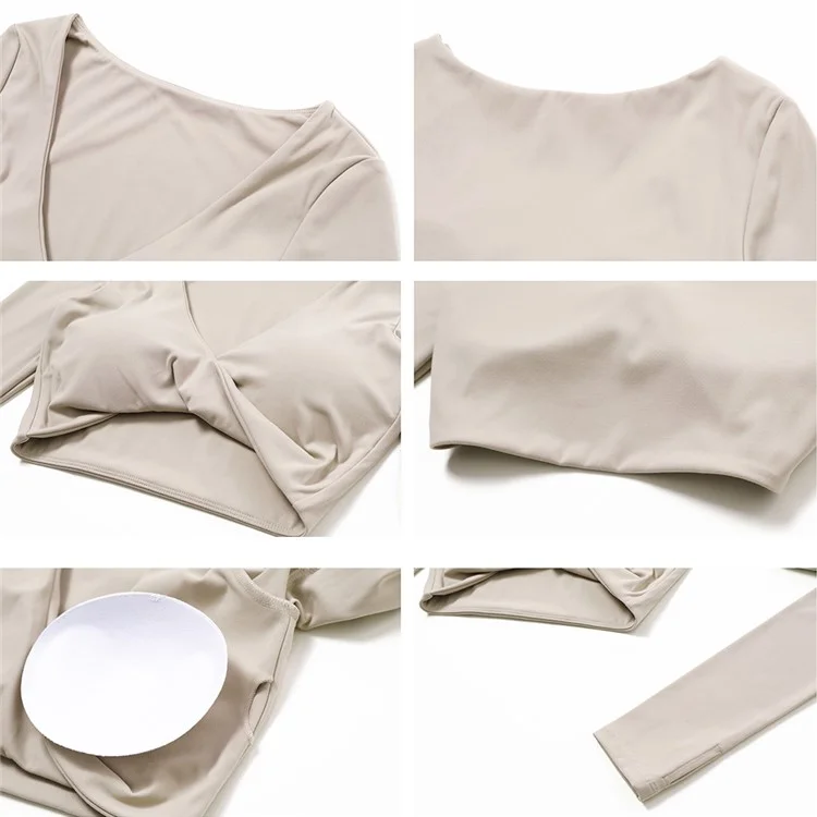 8552 Yoga Crop Top for Women Long Sleeve Slim Fit Padded Twist Front Deep V Neck Crop T Shirt - Lake Blue  /  S