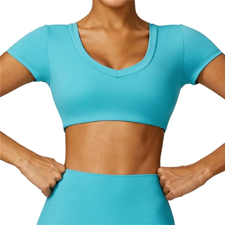 8552 Yoga Workout Crop Tops Slim Fit Short Sleeve U Neck T-Shirts Padded Yoga Tank - Lake Blue  /  S