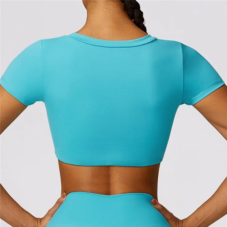 8552 Yoga Workout Crop Tops Slim Fit Short Sleeve U Neck T-Shirts Padded Yoga Tank - Lake Blue  /  S