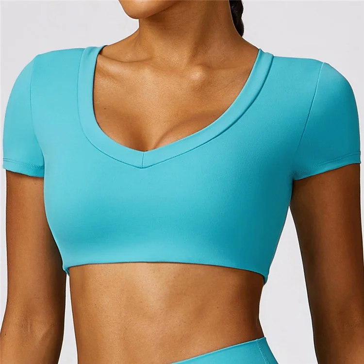 8552 Yoga Workout Crop Tops Slim Fit Short Sleeve U Neck T-Shirts Padded Yoga Tank - Lake Blue  /  S
