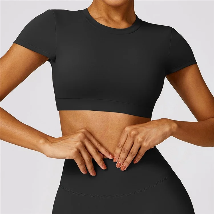 8536 Yoga Crop Tops Short Sleeve Round Neck Backless T-Shirts Slim Fit Padded Tops Yoga Tank - Black  /  M