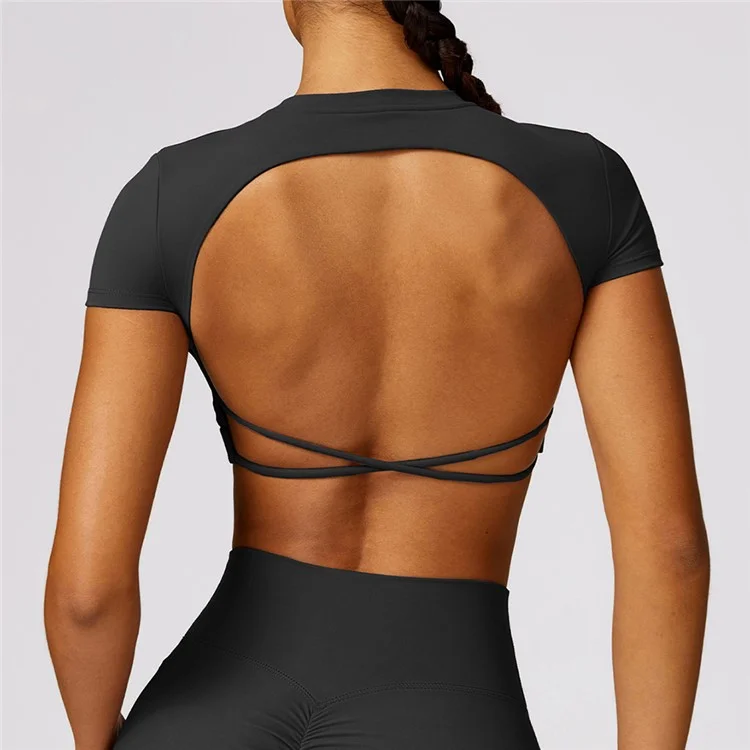 8536 Yoga Crop Tops Short Sleeve Round Neck Backless T-Shirts Slim Fit Padded Tops Yoga Tank - Black  /  M