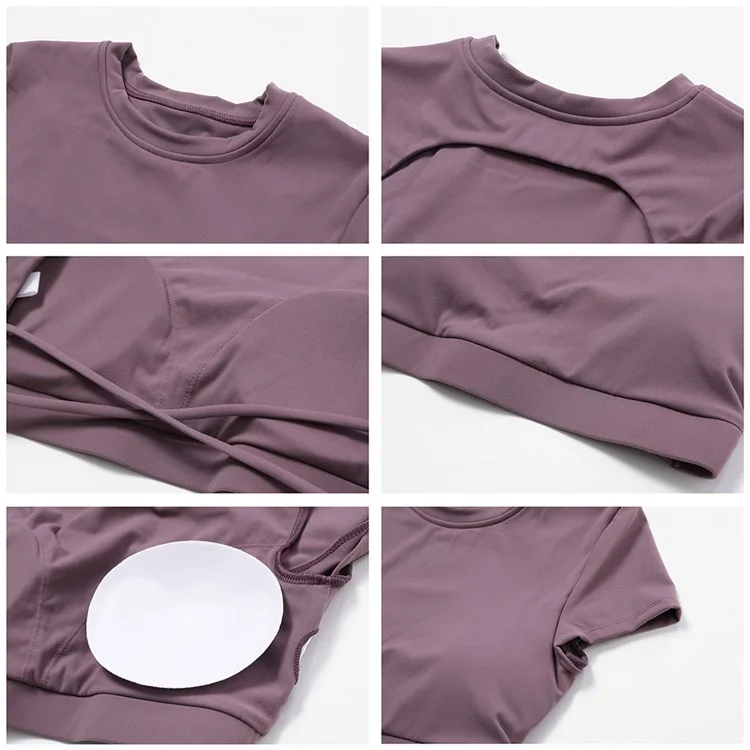 8536 Yoga Crop Tops Short Sleeve Round Neck Backless T-Shirts Slim Fit Padded Tops Yoga Tank - Black  /  M