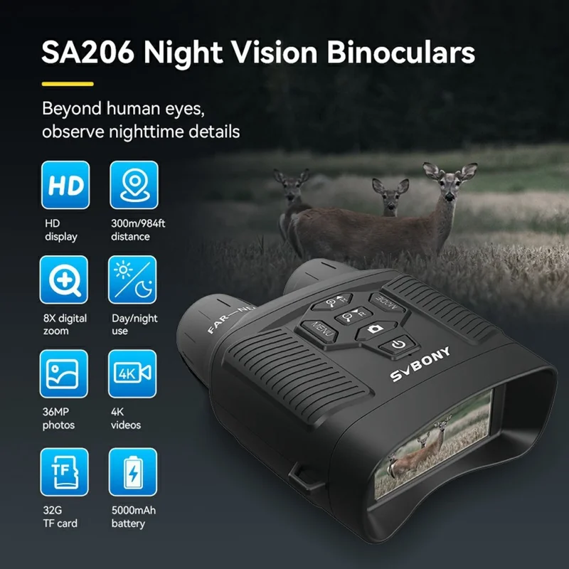 SVBONY SA206 4K Night Vision Binocular Goggles with 3 inch Large Screen, 8X Digital Zoom, 32G TF Card