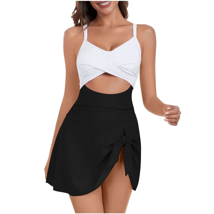 Größe L Damen Ausgeschnittenes Kreuz Wickel-Einteiler-Badeanzug Badekleid mit Rückenband Push-Up Bademode - Weiß / Schwarz