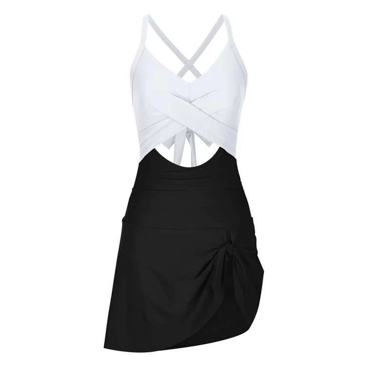 Größe L Damen Ausgeschnittenes Kreuz Wickel-Einteiler-Badeanzug Badekleid mit Rückenband Push-Up Bademode - Weiß / Schwarz