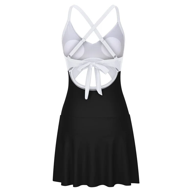 Größe L Damen Ausgeschnittenes Kreuz Wickel-Einteiler-Badeanzug Badekleid mit Rückenband Push-Up Bademode - Weiß / Schwarz