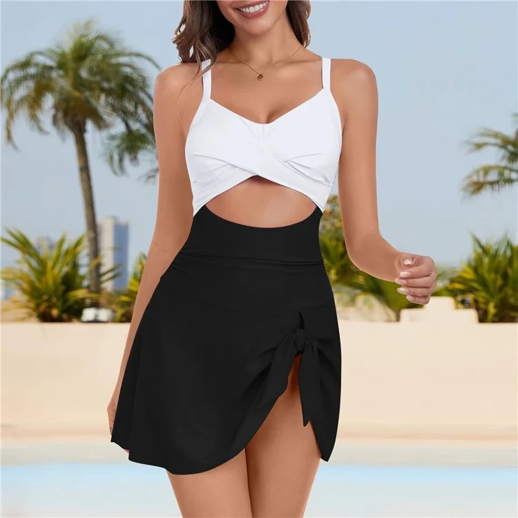 Größe L Damen Ausgeschnittenes Kreuz Wickel-Einteiler-Badeanzug Badekleid mit Rückenband Push-Up Bademode - Weiß / Schwarz