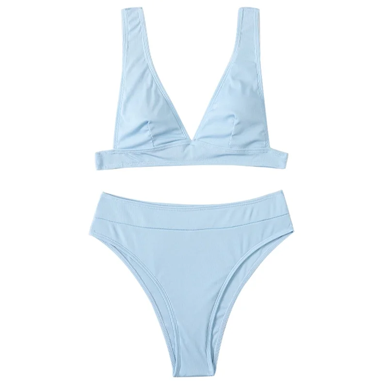 Size S Women Bikini Set Ribbed Swimwear Deep V Neck Two Piece Swimsuit High Waist Bathing Suits - Blue