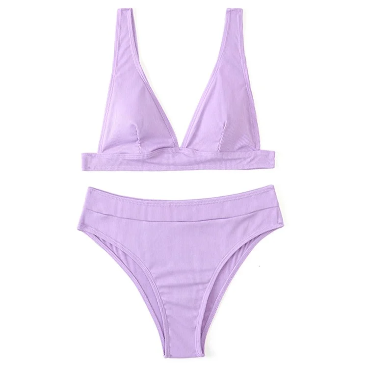 Size S Women Bikini Set Ribbed Swimwear Deep V Neck Two Piece Swimsuit High Waist Bathing Suits - Purple