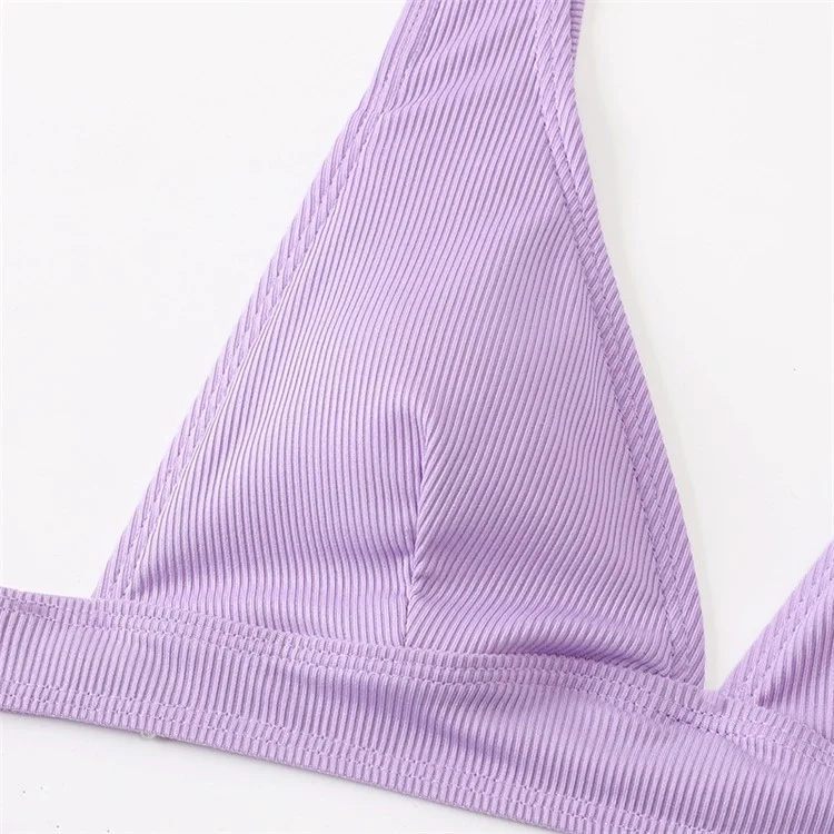 Size S Women Bikini Set Ribbed Swimwear Deep V Neck Two Piece Swimsuit High Waist Bathing Suits - Purple
