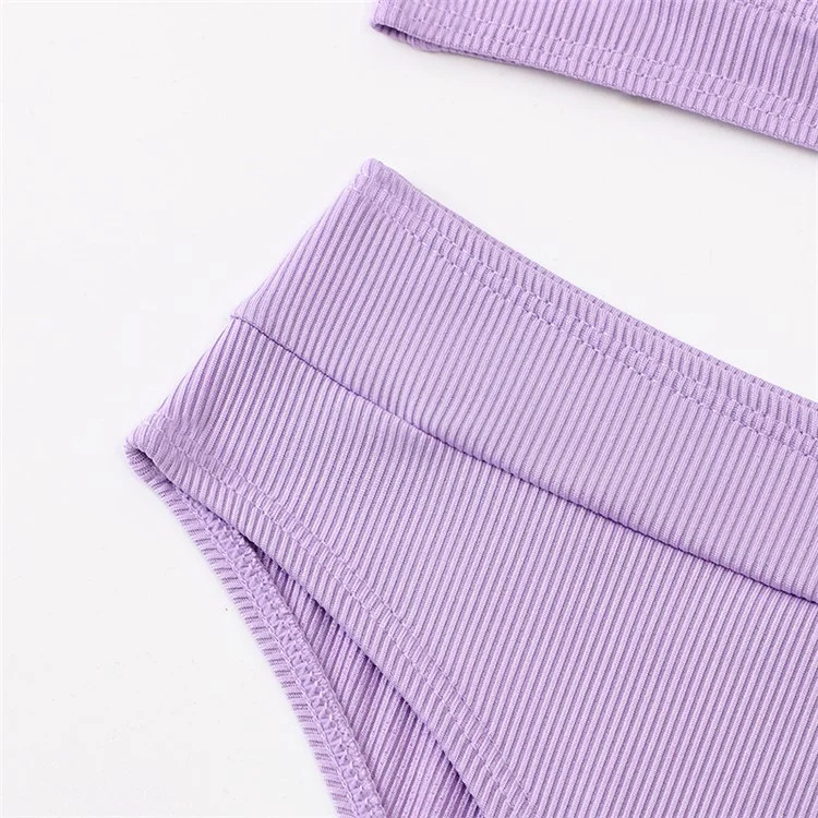 Size S Women Bikini Set Ribbed Swimwear Deep V Neck Two Piece Swimsuit High Waist Bathing Suits - Purple