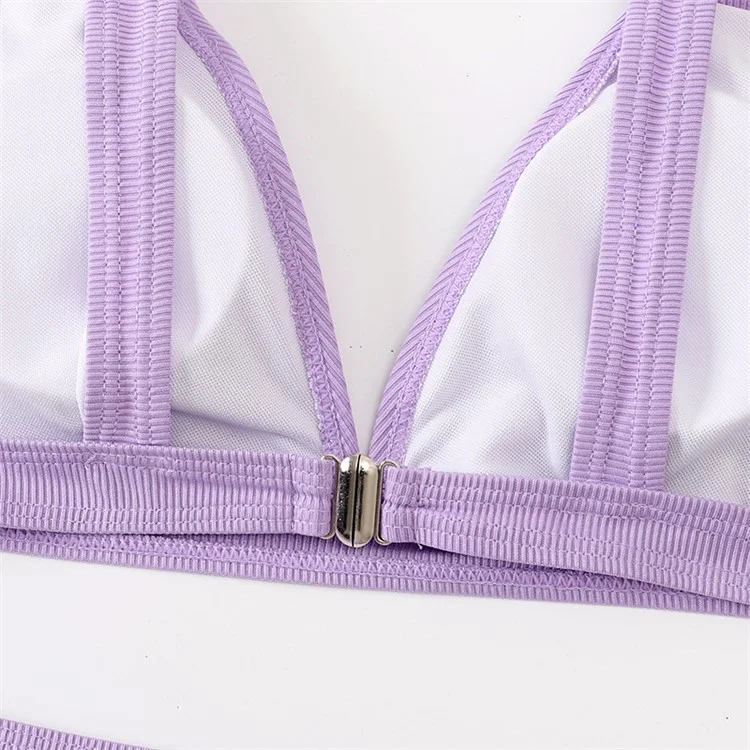Size S Women Bikini Set Ribbed Swimwear Deep V Neck Two Piece Swimsuit High Waist Bathing Suits - Purple