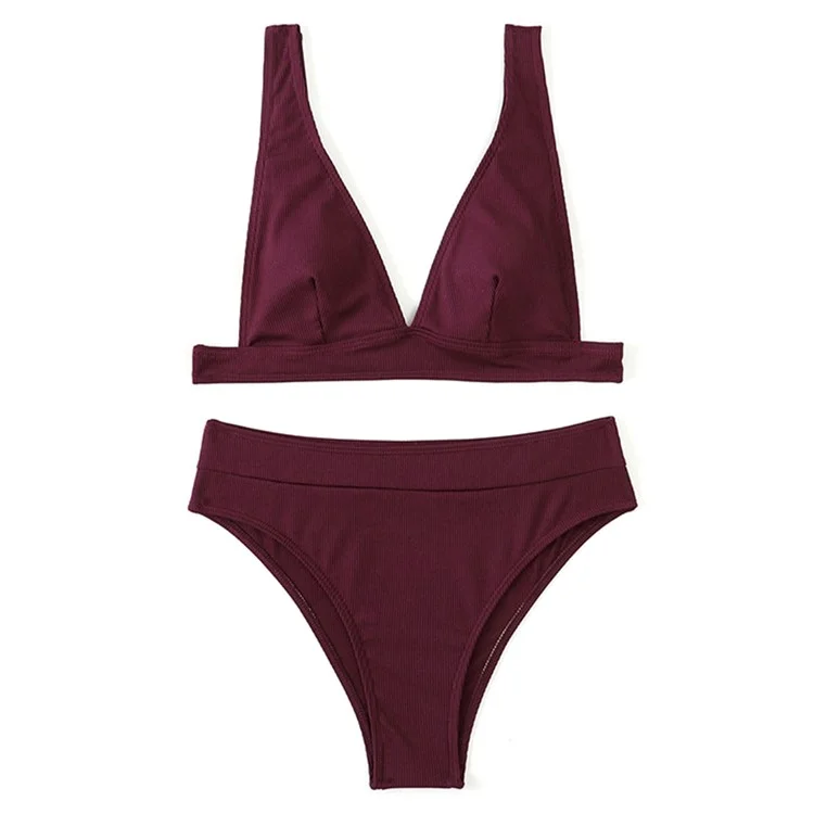 Size L Women Bikini Set Ribbed Swimwear Deep V Neck Two Piece Swimsuit High Waist Bathing Suits - Wine Red