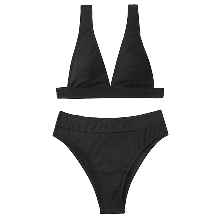 Costume da bagno da donna taglia XL in costine, due pezzi con scollo a V profondo, costume intero a vita alta - Nero