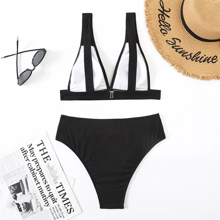 Costume da bagno da donna taglia XL in costine, due pezzi con scollo a V profondo, costume intero a vita alta - Nero