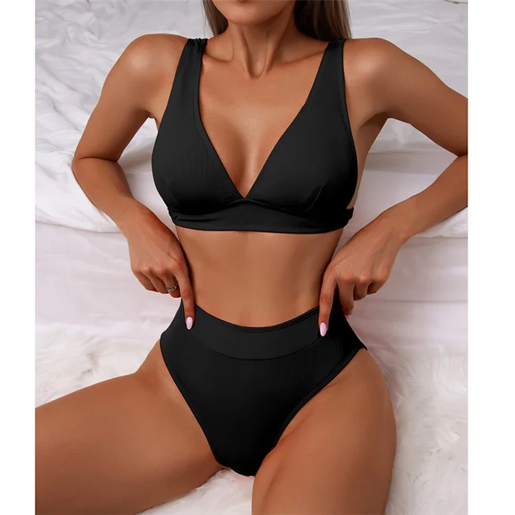 Costume da bagno da donna taglia XL in costine, due pezzi con scollo a V profondo, costume intero a vita alta - Nero