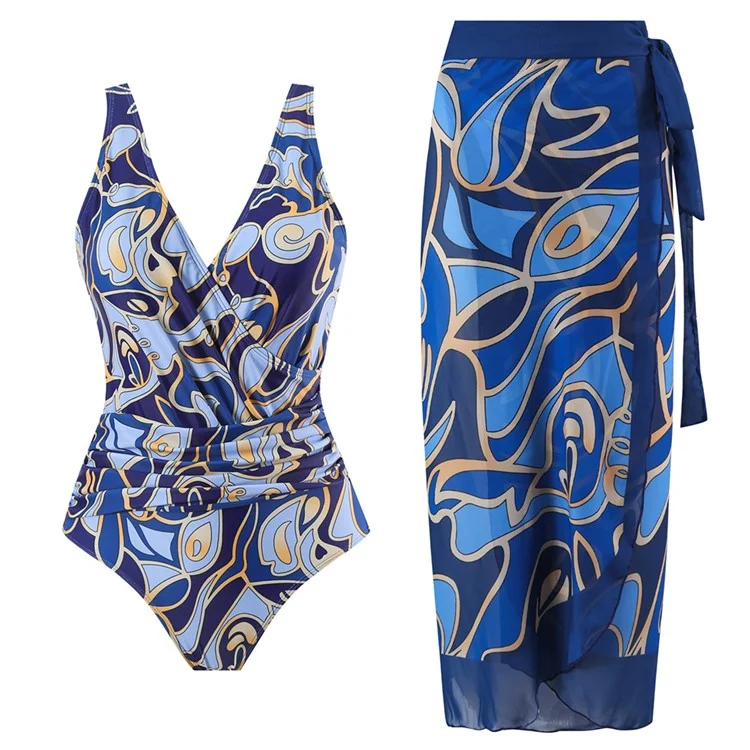 Taille S Maillot de bain une pièce pour femme avec paréo cache-maillot à contrôle du ventre et jupe en mousseline - Bleu