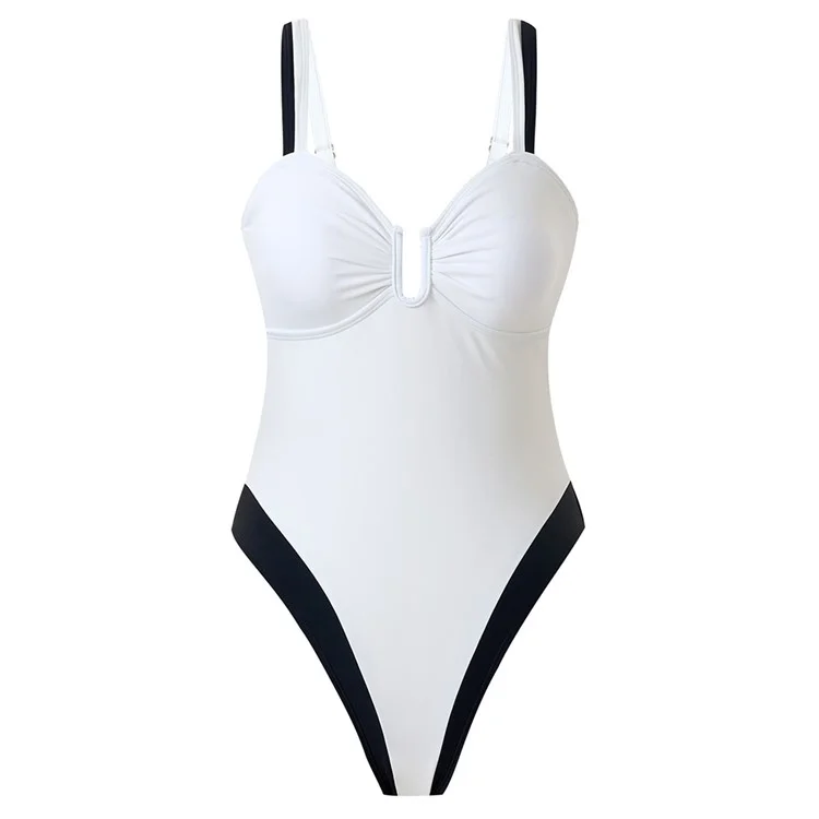 Y1153 Women Two-Tone One-Piece Swimsuit Tummy Control V-Neck Slimming Swimwear, M Size - White