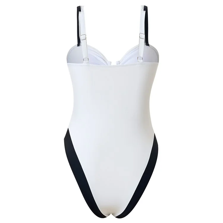 Y1153 Women Two-Tone One-Piece Swimsuit Tummy Control V-Neck Slimming Swimwear, M Size - White
