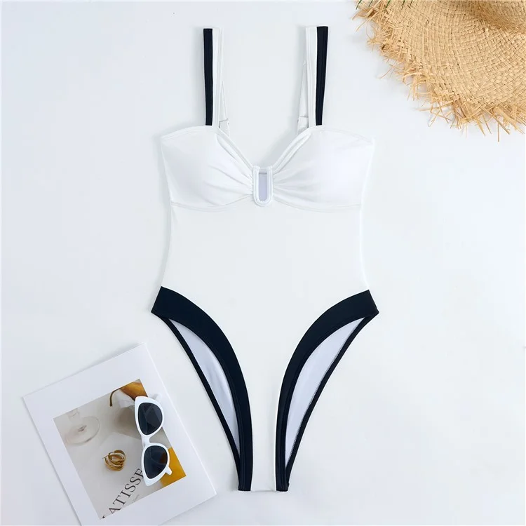 Y1153 Women Two-Tone One-Piece Swimsuit Tummy Control V-Neck Slimming Swimwear, M Size - White