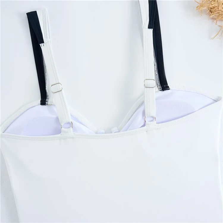 Y1153 Women Two-Tone One-Piece Swimsuit Tummy Control V-Neck Slimming Swimwear, M Size - White