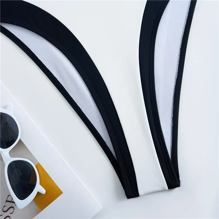 Y1153 Women Two-Tone One-Piece Swimsuit Tummy Control V-Neck Slimming Swimwear, M Size - White