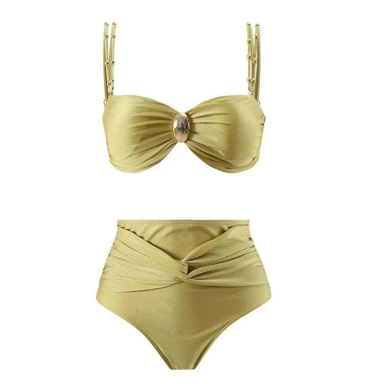 Y348 3-teiliges Bikini-Set mit hoher Taille, gepolstertem BH + Hose + Rock, Damenbadeanzug, Größe L - Gelb