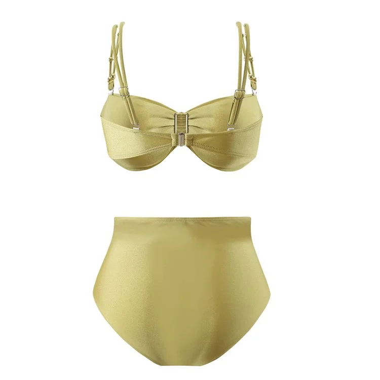 Y348 3-teiliges Bikini-Set mit hoher Taille, gepolstertem BH + Hose + Rock, Damenbadeanzug, Größe L - Gelb