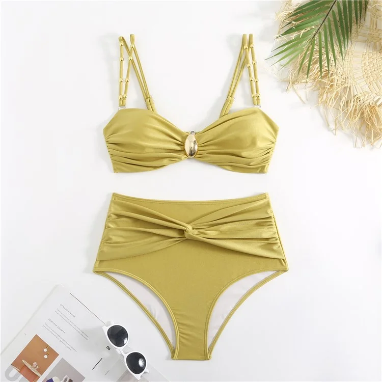 Y348 3-teiliges Bikini-Set mit hoher Taille, gepolstertem BH + Hose + Rock, Damenbadeanzug, Größe L - Gelb