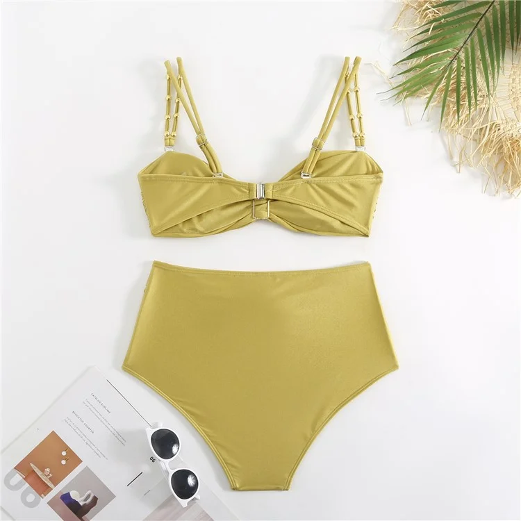 Y348 3-teiliges Bikini-Set mit hoher Taille, gepolstertem BH + Hose + Rock, Damenbadeanzug, Größe L - Gelb