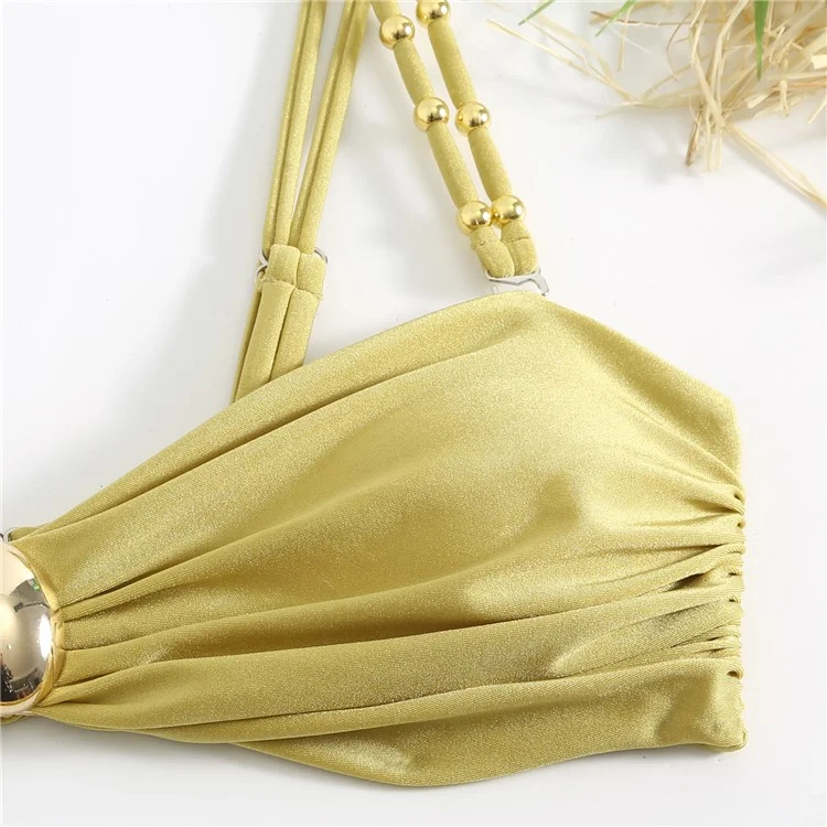 Y348 3-teiliges Bikini-Set mit hoher Taille, gepolstertem BH + Hose + Rock, Damenbadeanzug, Größe L - Gelb