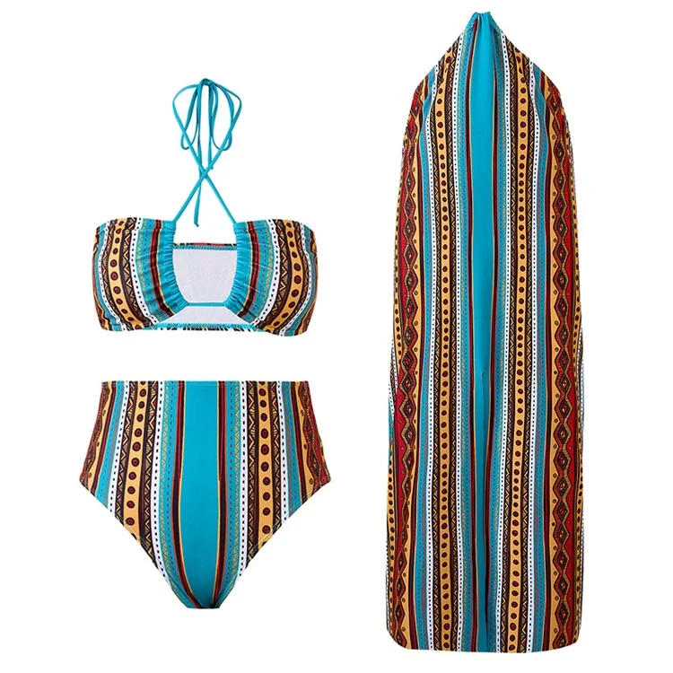 Y357 Retro Print Bikini Swimsuit 3-Piece Swimwear For Women European Style Beach Vacation Swimwear - Striped  /  S