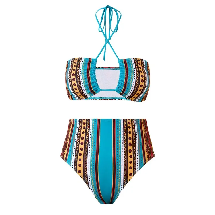Y357 Retro Print Bikini Swimsuit 3-Piece Swimwear For Women European Style Beach Vacation Swimwear - Striped  /  S