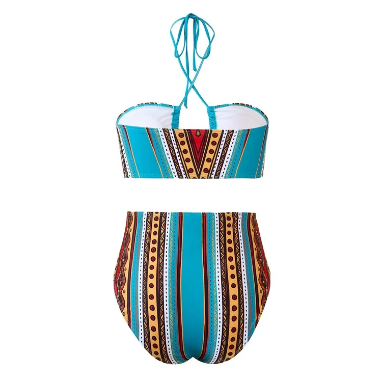 Y357 Retro Print Bikini Swimsuit 3-Piece Swimwear For Women European Style Beach Vacation Swimwear - Striped  /  S