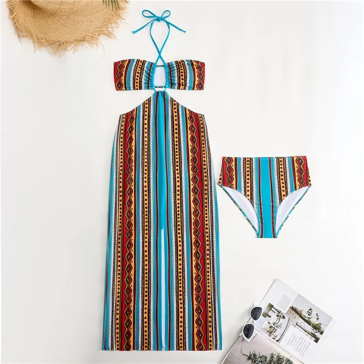 Y357 Retro Print Bikini Swimsuit 3-Piece Swimwear For Women European Style Beach Vacation Swimwear - Striped  /  S