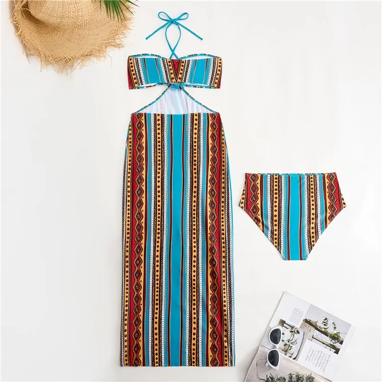 Y357 Retro Print Bikini Swimsuit 3-Piece Swimwear For Women European Style Beach Vacation Swimwear - Striped  /  S