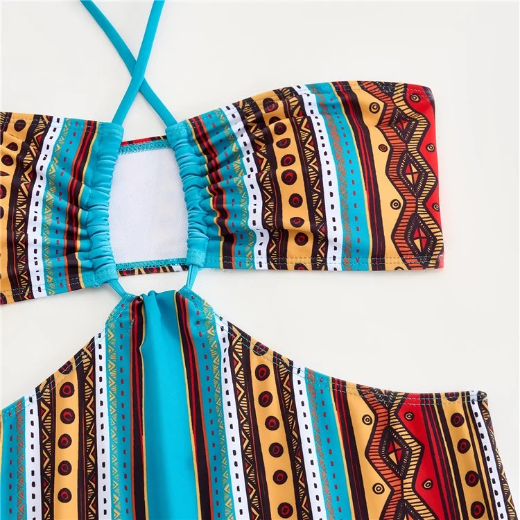 Y357 Retro Print Bikini Swimsuit 3-Piece Swimwear For Women European Style Beach Vacation Swimwear - Striped  /  S