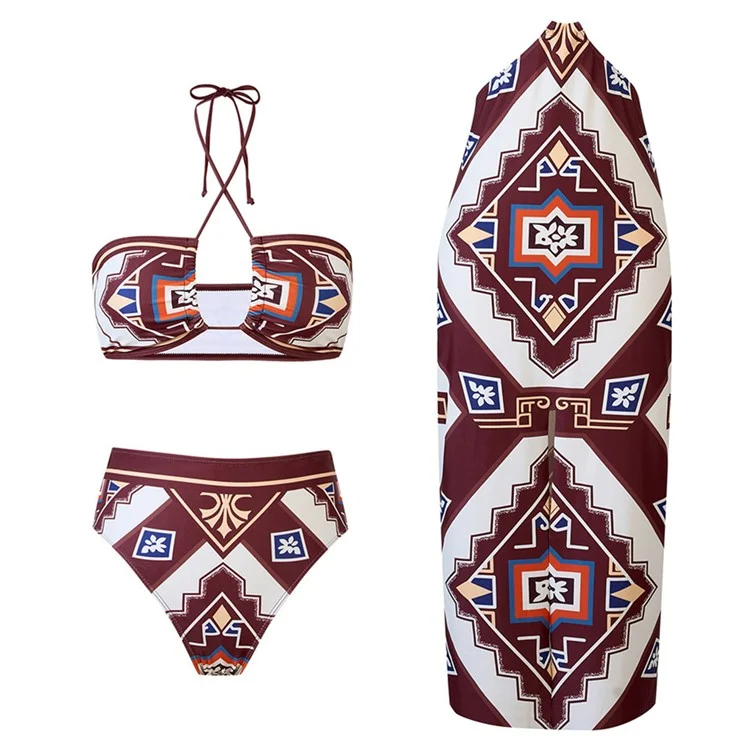 Y357 Retro Print Bikini Swimsuit 3-Piece Swimwear For Women European Style Beach Vacation Swimwear - Coffee  /  M