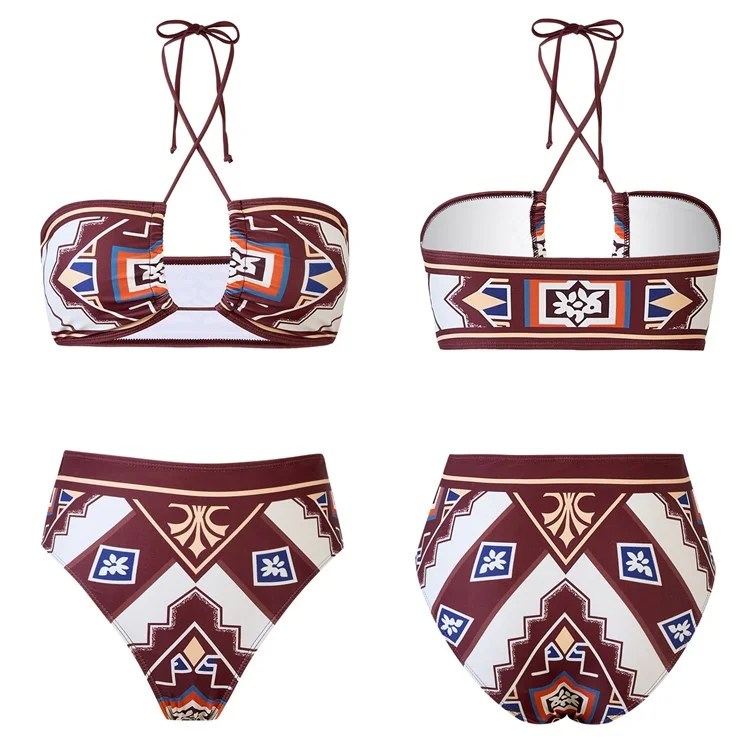 Y357 Retro Print Bikini Swimsuit 3-Piece Swimwear For Women European Style Beach Vacation Swimwear - Coffee  /  M