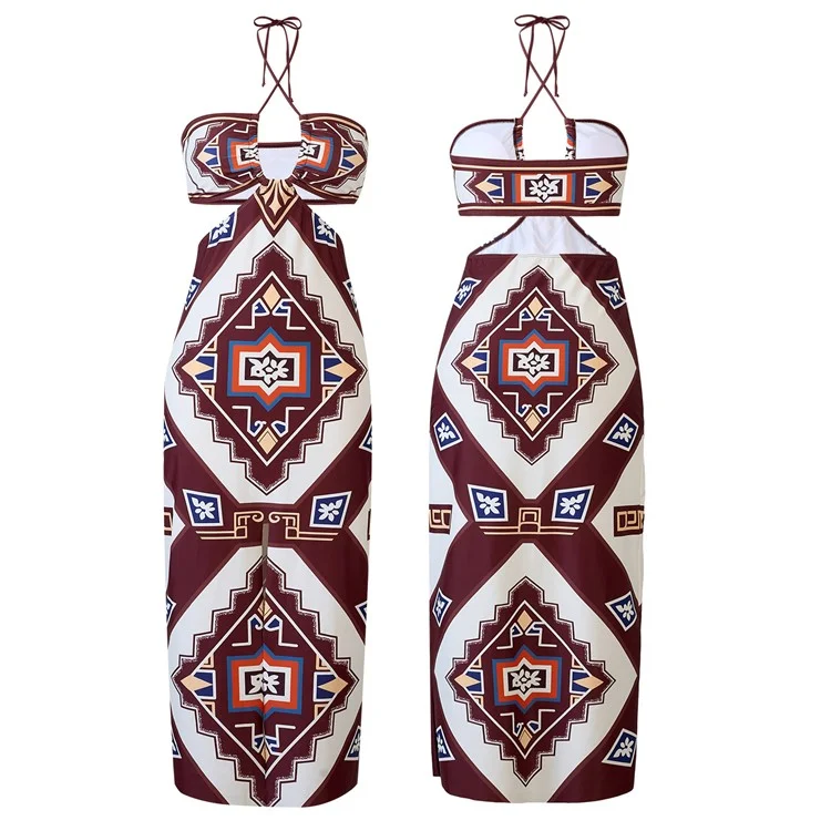Y357 Retro Print Bikini Swimsuit 3-Piece Swimwear For Women European Style Beach Vacation Swimwear - Coffee  /  M