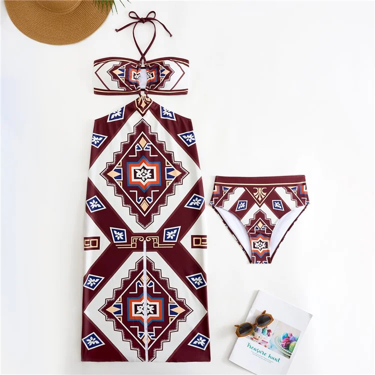 Y357 Retro Print Bikini Swimsuit 3-Piece Swimwear For Women European Style Beach Vacation Swimwear - Coffee  /  M