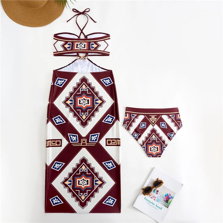 Y357 Retro Print Bikini Swimsuit 3-Piece Swimwear For Women European Style Beach Vacation Swimwear - Coffee  /  M