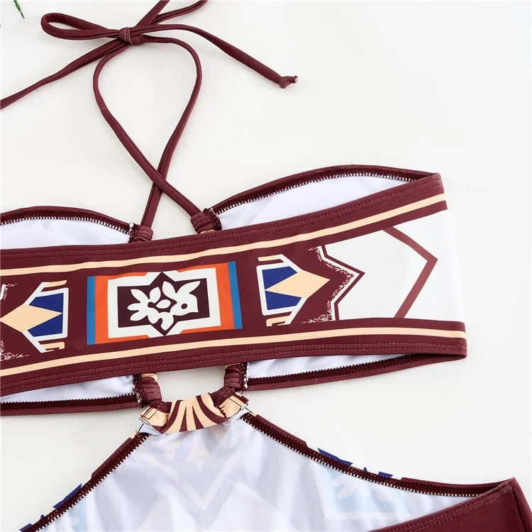 Y357 Retro Print Bikini Swimsuit 3-Piece Swimwear For Women European Style Beach Vacation Swimwear - Coffee  /  M